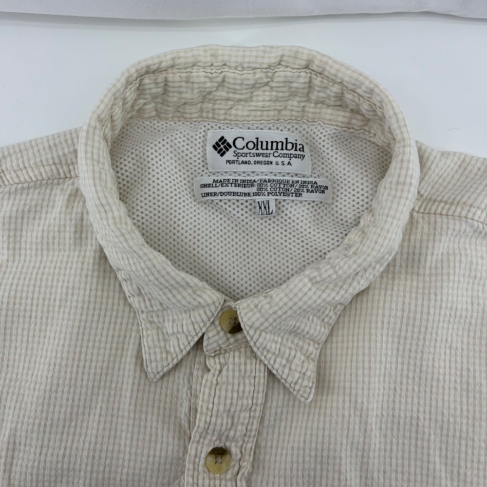 Columbia Mens XXL SS Fishing Shirt Tan White Check Ventilated PFG Style